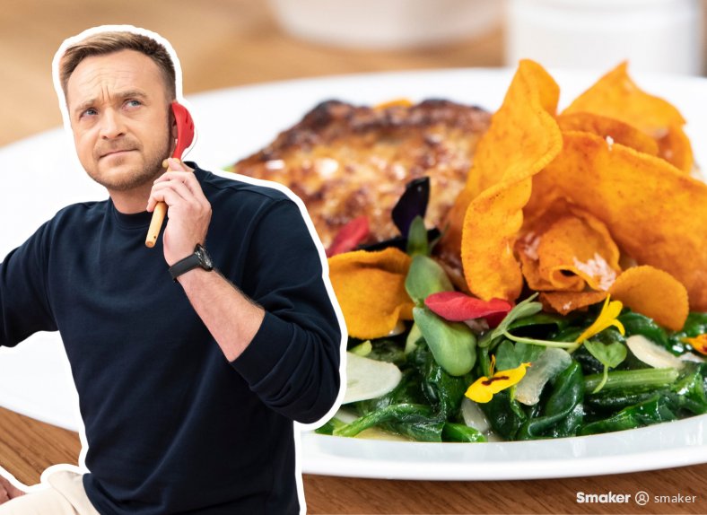  Sandacz w sosie chrzanowym ze szpinakiem, kremowym purée al'a Gessler i chipsem z batata 