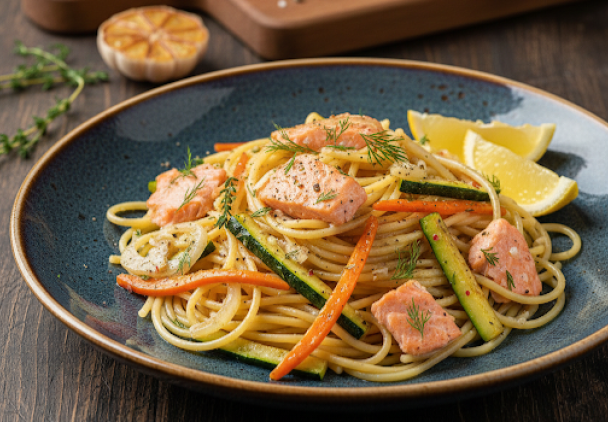 Makaron z łososiem i warzywami