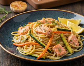 Makaron z łososiem i warzywami