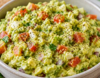 Pasta z awokado, pomidorami i cebulą