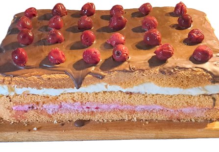 Biszkopt z dwoma kremami i polewą czekoladową.