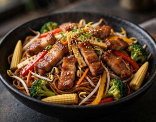 Wok Chiński z wieprzowiną i makaronem ryżowym
